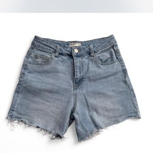 Blue Jean Shorts with High-Waisted Design and Frayed Hem
